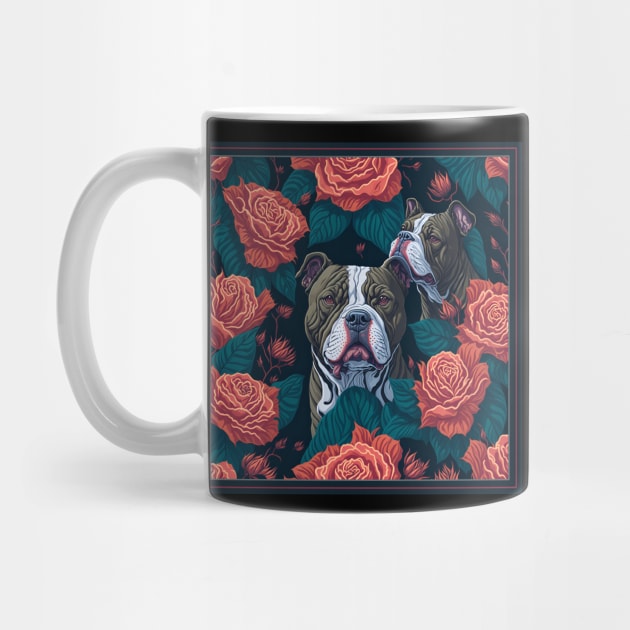 Dogs, pit bull and roses, dog, seamless print, style vector (red roses grey pit) by xlhombat